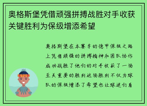 奥格斯堡凭借顽强拼搏战胜对手收获关键胜利为保级增添希望
